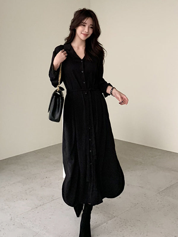 Urban Solid Color Elasticity Waist Long Sleeve Shirt Dress