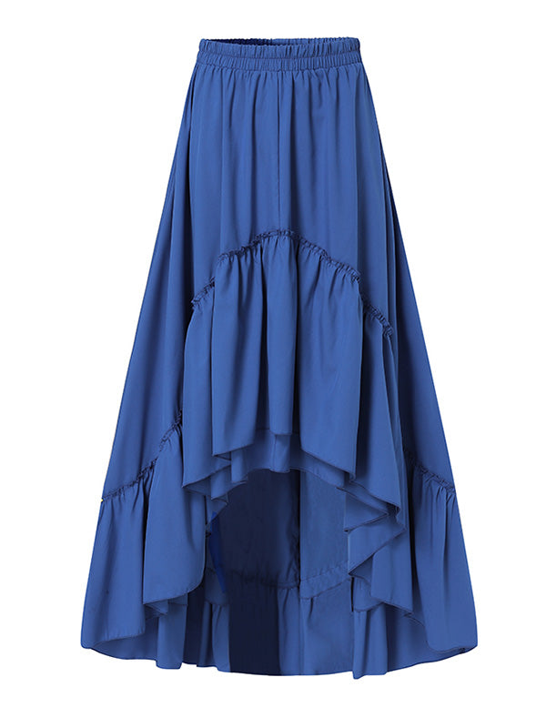 Stylish Solid Color Falbala Pleated Elasticity High-Low Long Skirt