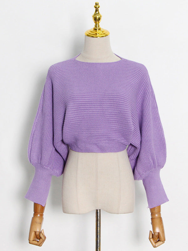 Casual Solid Color Round-Neck Bishop Sleeve Sweater Tops