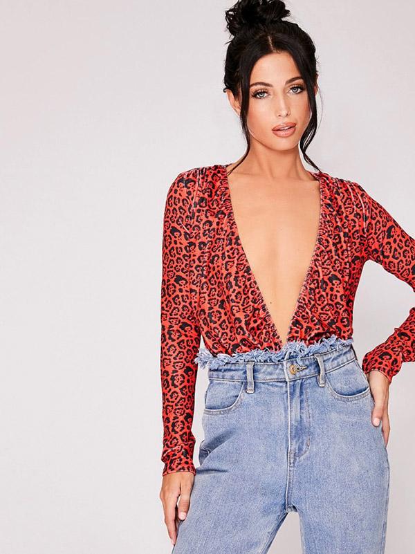 Fashion Deep V-neck Leopard Jumpsuits