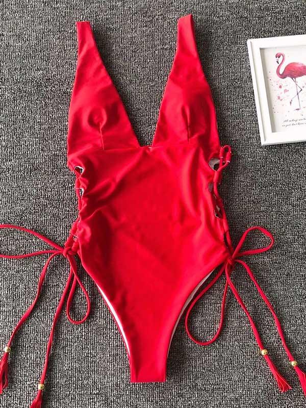 Plain Plunging Lace Up One-piece Swimsuit