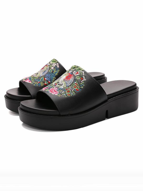 Embroidered Peep-toe Slides Shoes