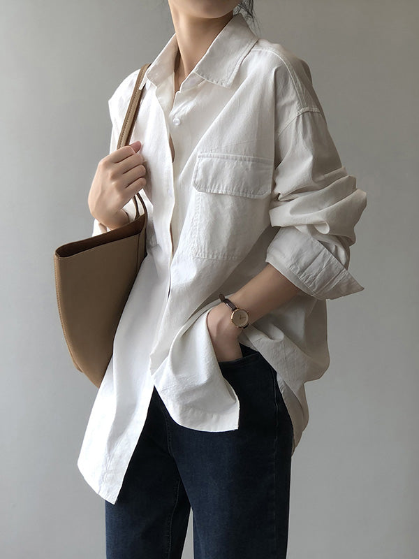 Causal Simple Solid Color Split-Joint With Pocket Buttoned Lapel Collar Long Sleeves Blouse