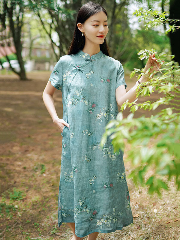 Vintage Ramie Cotton Floral Printed Stand Collar Split-Side Short Sleeves Dress Long Cheongsam