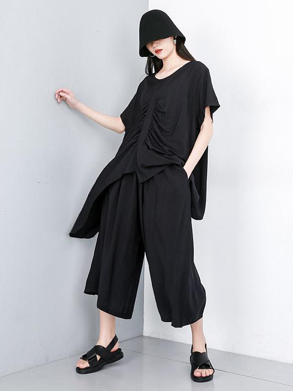 Asymmetric Ruffled Solid Tops + Wide Leg Pants Suit