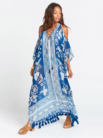 Blue White Printed Loose Plus Size Tasseled Bikini Cover-ups