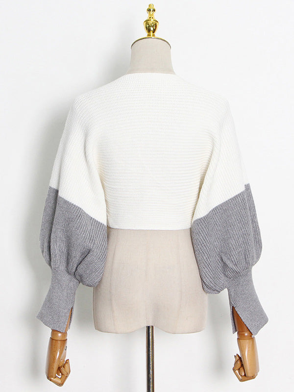 Casual Solid Color Round-Neck Bishop Sleeve Sweater Tops