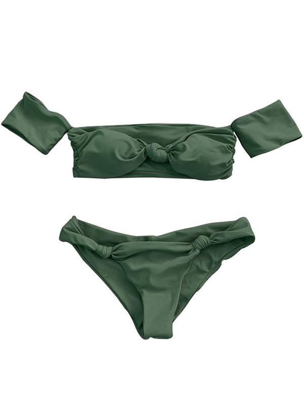 Ruched Plain Tie a Knot Bikini Set