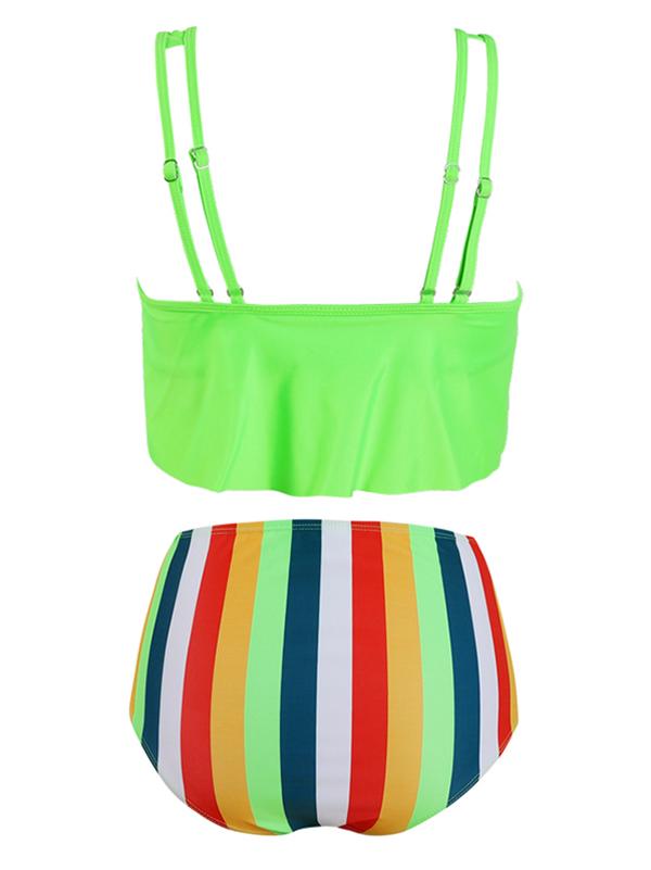 Plain Ruffle Top With Stripe Panty Bikini Set