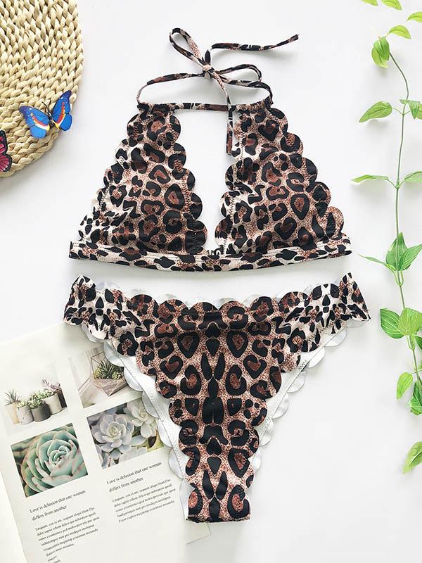 Sexy Triangles Bandage Leopard Print Split Type Bikini Swimsuit