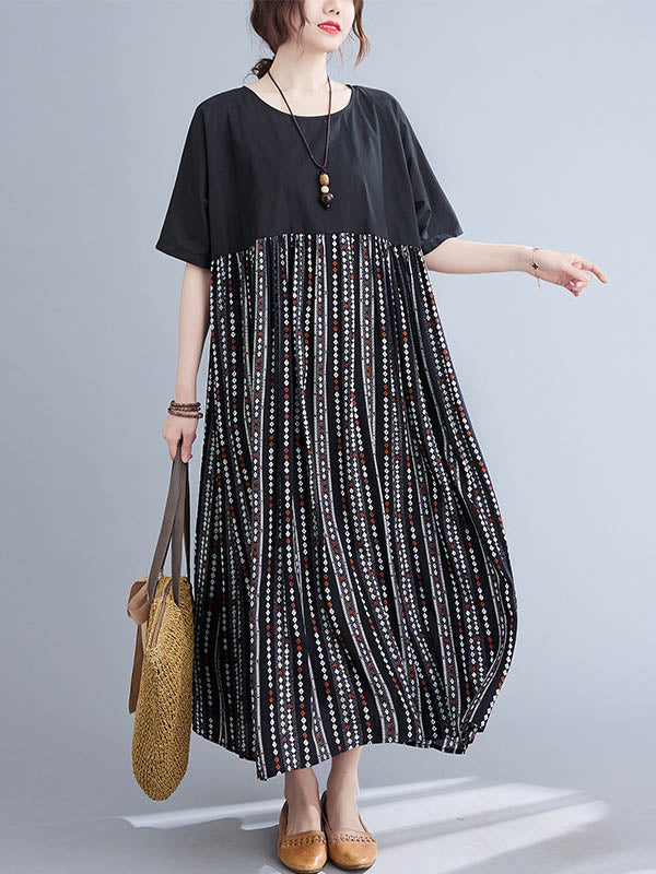 Casual Split-Joint Printed Round-Neck Half Sleeves Loose Midi Dress