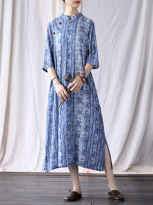 Original Printing Stand Collar Half Sleeve Long Cheongsams