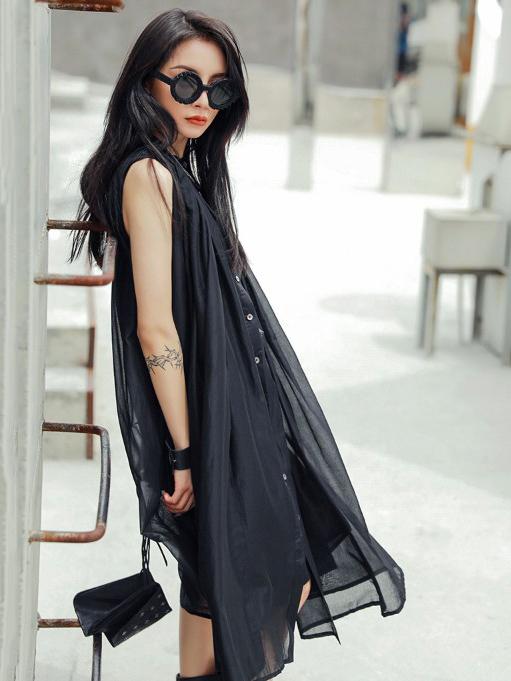 Simple Black Sleeveless See-through Long Dress