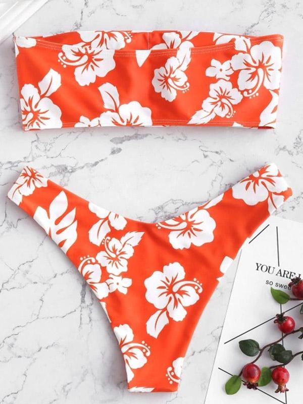 Bandeau Flowers Printed Bikinis Swimwear