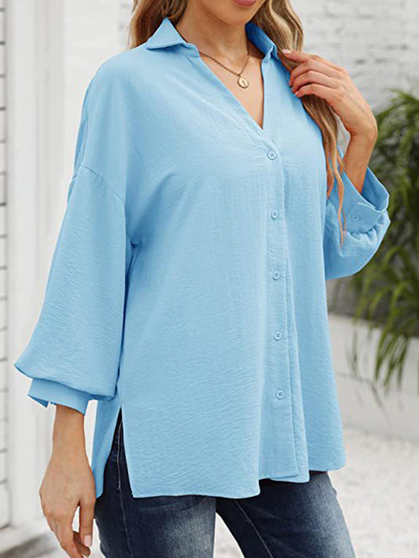 Loose Puff  Three-Quarter Sleeves Solid Color Lapel Blouses