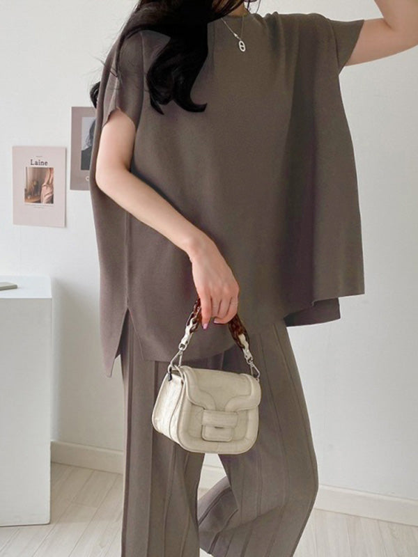 Casual Solid Color Split-Side Round-Neck Batwing Short Sleeves T-Shirt+Pleated Wide Leg Pants 2 Pieces Set