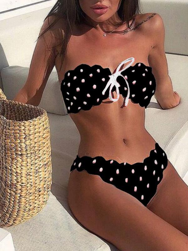 Polka-dot Lace Up Bikinis Swimwear