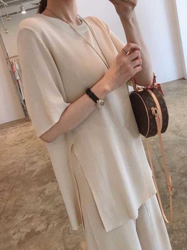 Casual Solid Color Split-Side Round-Neck Half Sleeves T-Shirt+Wide Leg Pants 2 Pieces Set