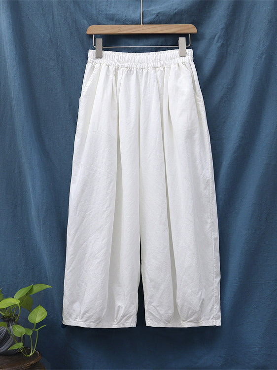 Simple Loose Linen Solid Color Pleated Drawstring Wide Legs Knickerbockers