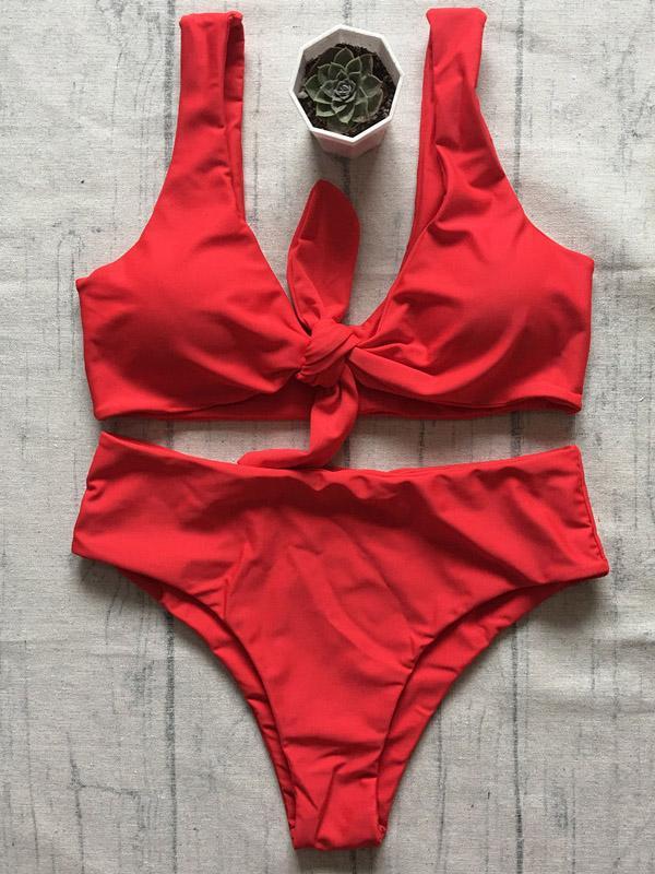 High Waisted Knot Plain Bikinis Swimwear