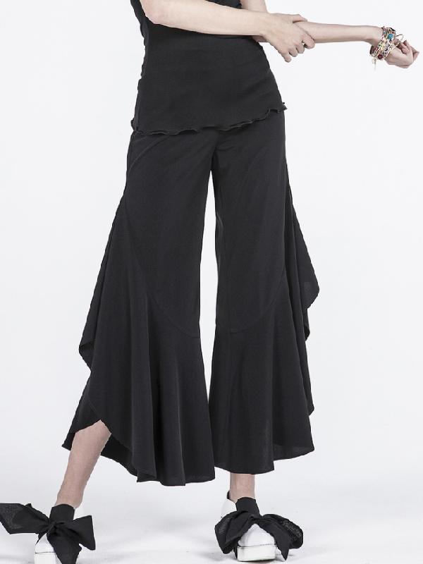 Black Falbala Split-joint Wide-leg Pants