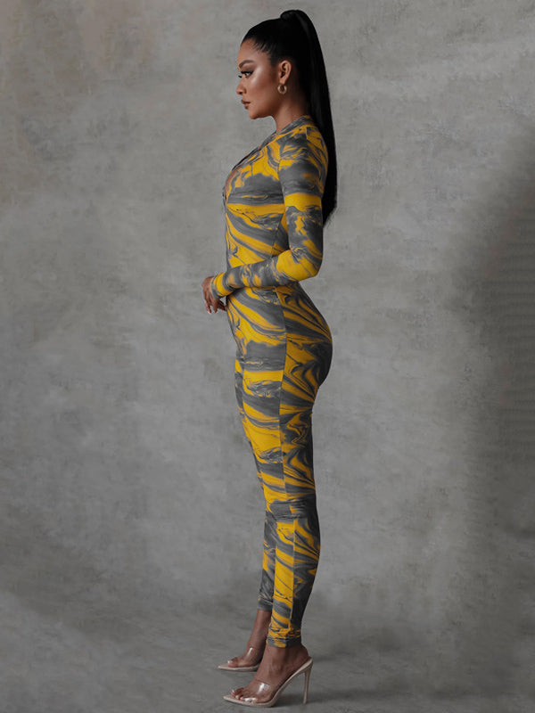 Printed Zipper Long Sleeves Jumpsuits