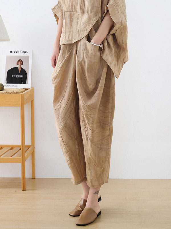 Vintage Linen Loose Split-Joint Round-Neck Batwing Sleeves T-Shirt+Elasticity Wide Leg Pants 2 Pieces Set