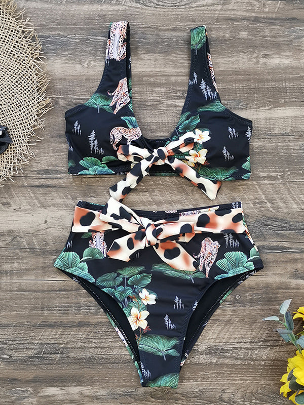 High Waisted Leopard Flower Print Bikini Swimsuit