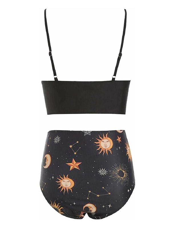 Sexy Strapless Bandage Sun And Moon Printing Split Type Bikini Swimsuit