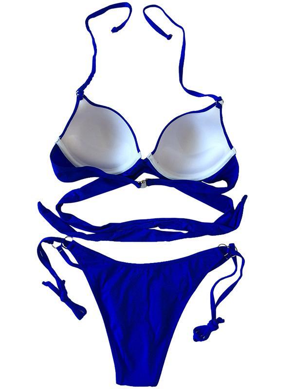 Halter-neck Bandage Plain Bikinis Swimwear