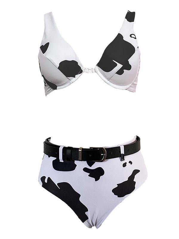 Sexy V-Neck Sash Cow Print Split Type Bikini Swimsuit