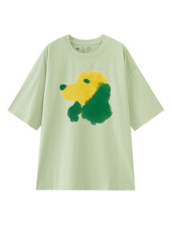 Oversized Contrast Color Dog Printed T-Shirt