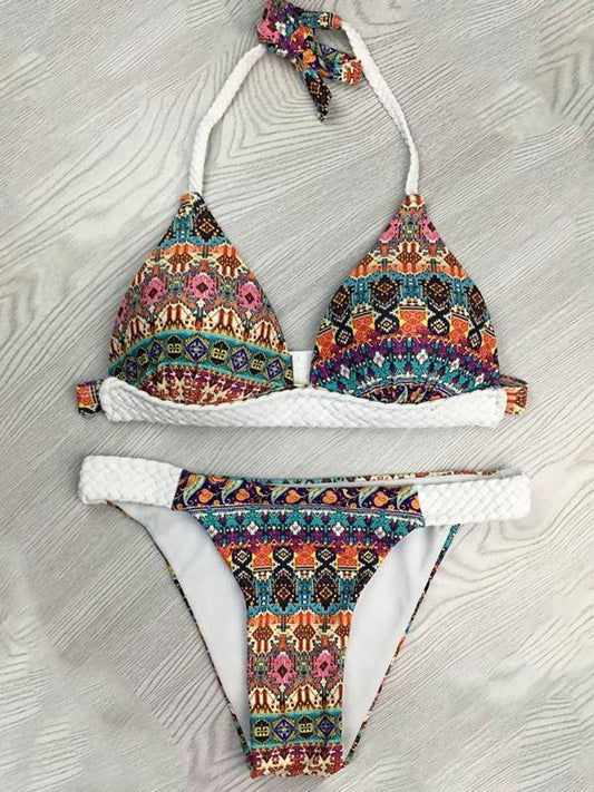 Ethnic Printed Split-Joint Bandage Split Bikini Swimsuit