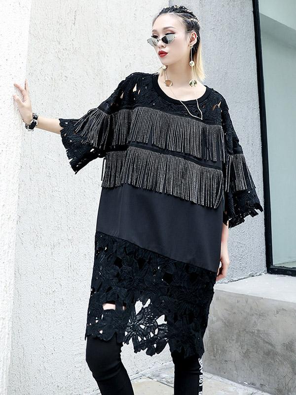 Lace&Tassel Split-joint Long T-shirt