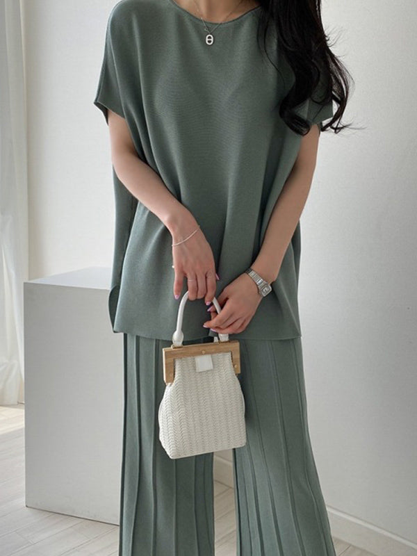 Casual Solid Color Split-Side Round-Neck Batwing Short Sleeves T-Shirt+Pleated Wide Leg Pants 2 Pieces Set