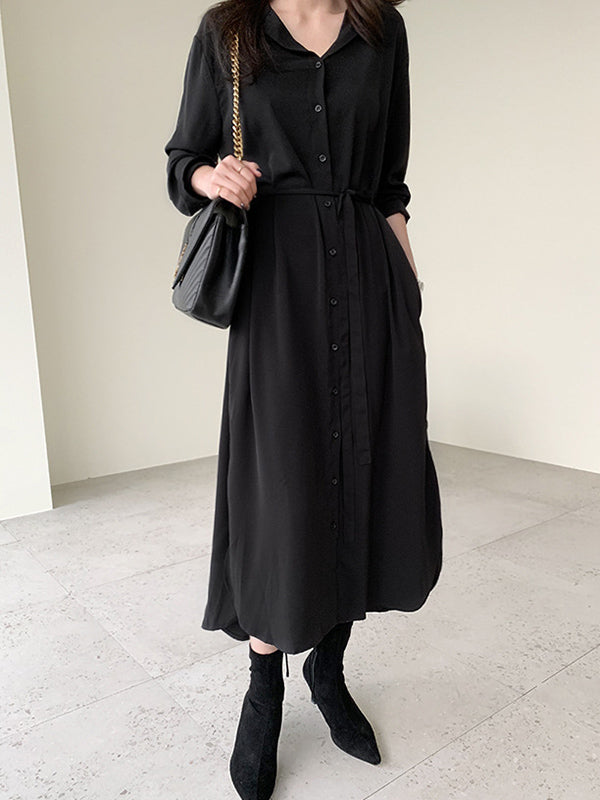 Urban Solid Color Elasticity Waist Long Sleeve Shirt Dress