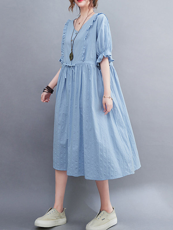 Original Loose Solid Color Falbala Drawstring Midi Dress