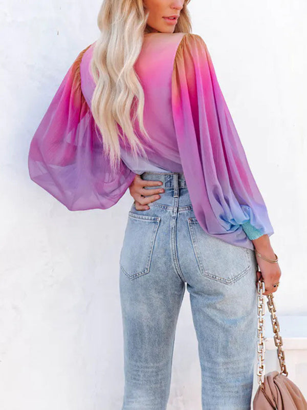 Original Stylish See-Through Gradient Blouse Top