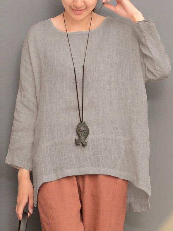 Loose Linen Round-neck Split-joint Long Sleeves T-shirt