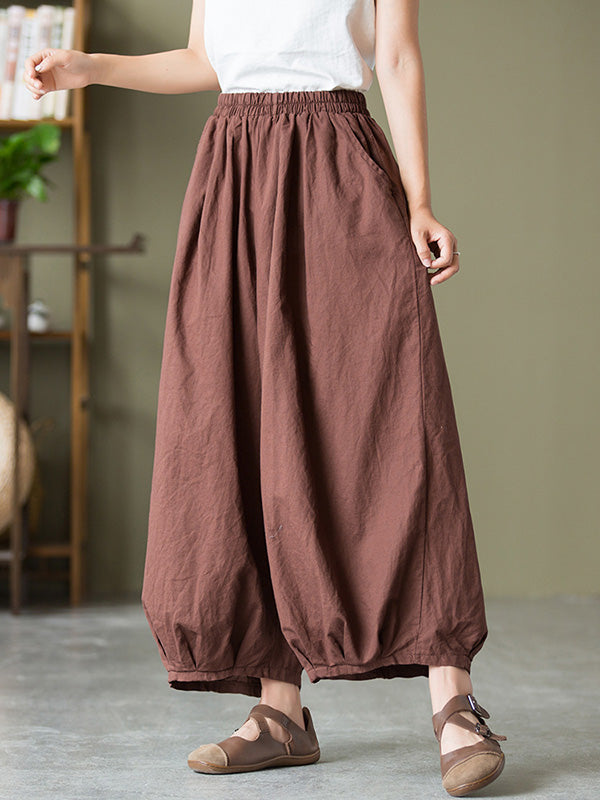 Simple Loose Linen Solid Color Pleated Drawstring Wide Legs Knickerbockers