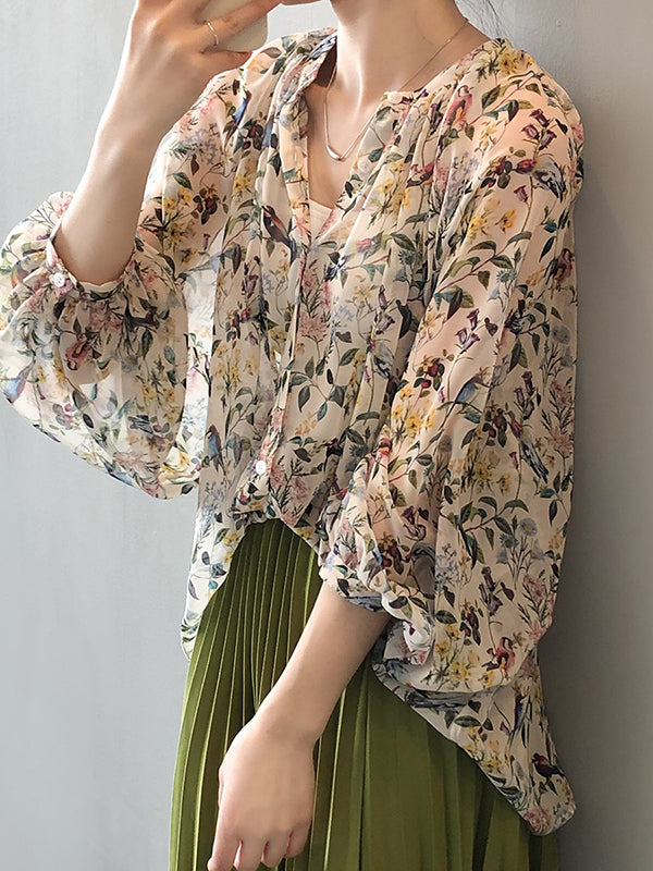 Urban Multi-Colored Floral Printed Puff Sleeves Chiffon Blouse