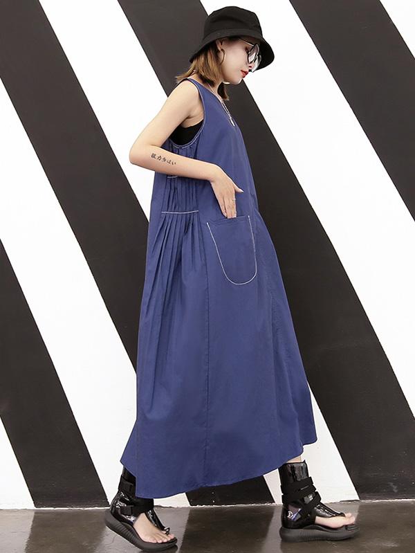 Loose Blue Big Pocket Vest Long Dress