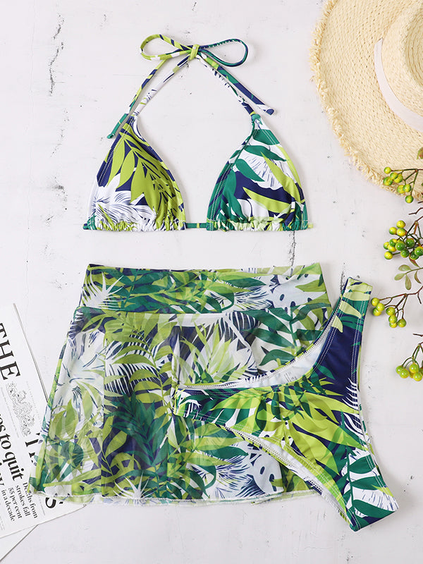 Leaf Printed Halterneck Tied Bikini Swimsuit Three Pieces Set