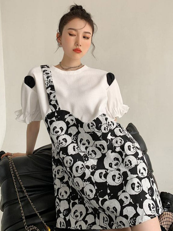 Original Stylish Falbala Split-Joint Panda Printed Round-Neck Bishop Sleeves T-Shirt Mini Dress