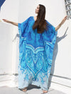 Blue-white Super Loose Printed Beach Cover-ups