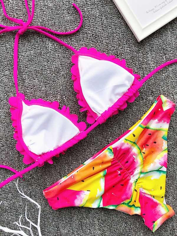 Plain Triangle Top With Printed Panty Bikini Set