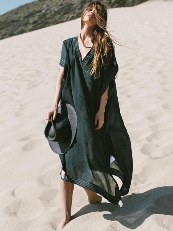 Soft Black V-neck Split-side Beach Long Dress Cover-up