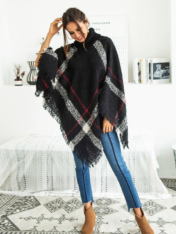 High-neck Batwing Sleeves Tassels Sweater Tops