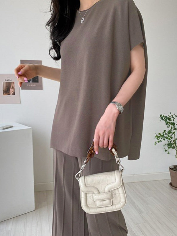 Casual Solid Color Split-Side Round-Neck Batwing Short Sleeves T-Shirt+Pleated Wide Leg Pants 2 Pieces Set