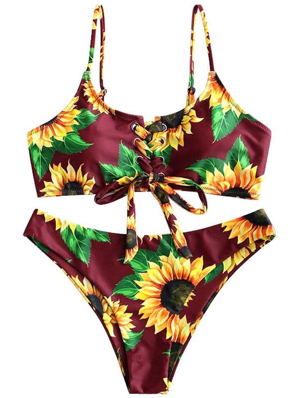 Floral-Print Bandage Split Bikini Swimsuit